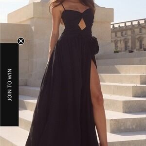 RNWY Black Ruched Cutout Maxi Gown Rosette High Slit Spaghetti Strap XL Formal